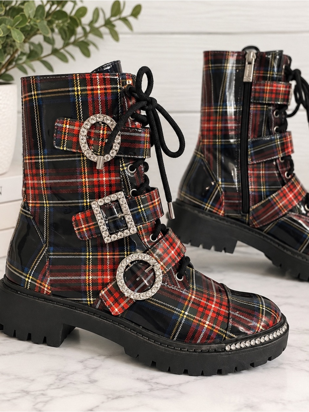 Jessica Simpson Red and Black Plaid Patent Combat Boots with Crystal Buckles Y2K